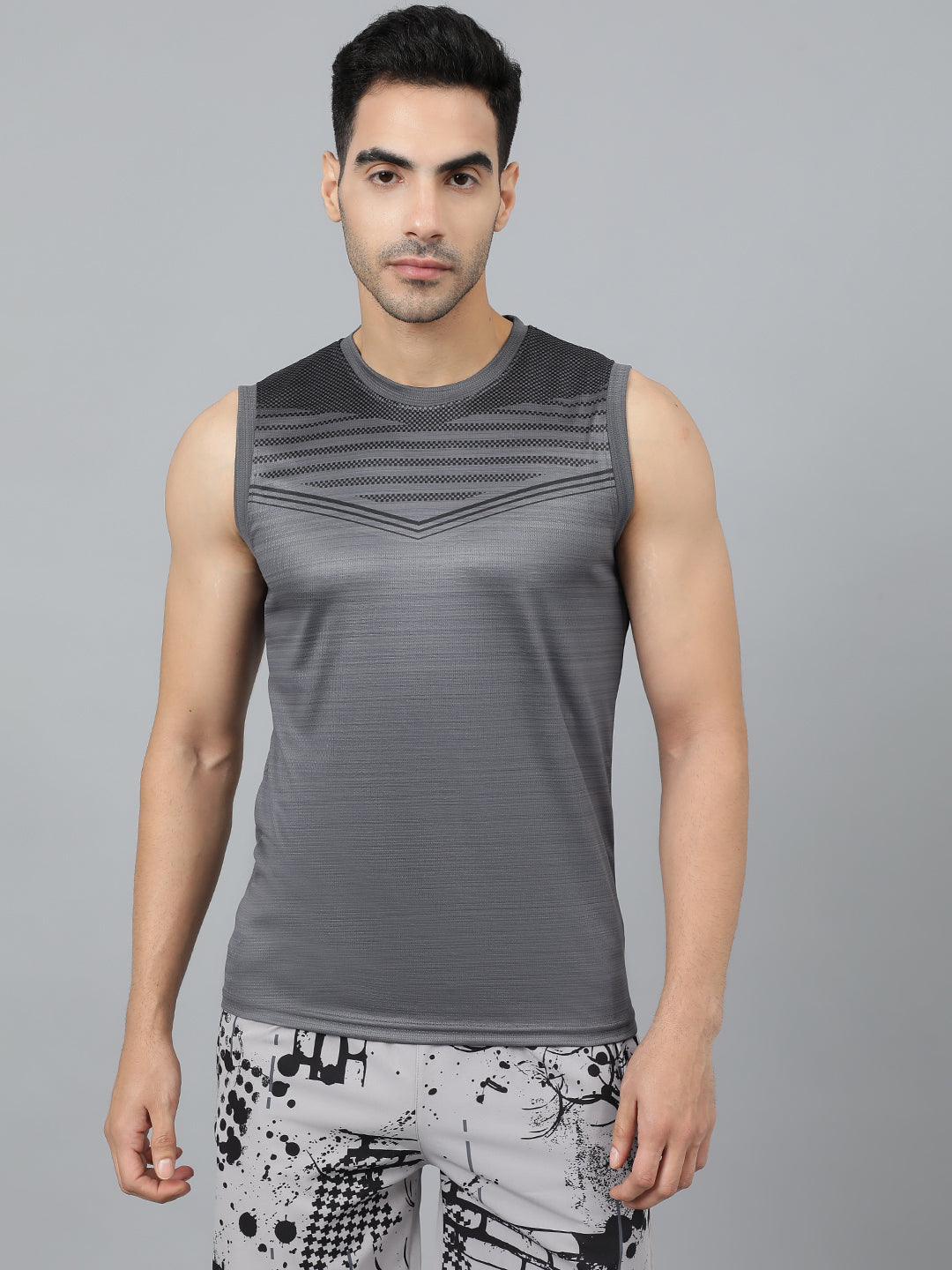 Sport Sun Printed Men Cut Sleeves Dark Grey T-Shirt