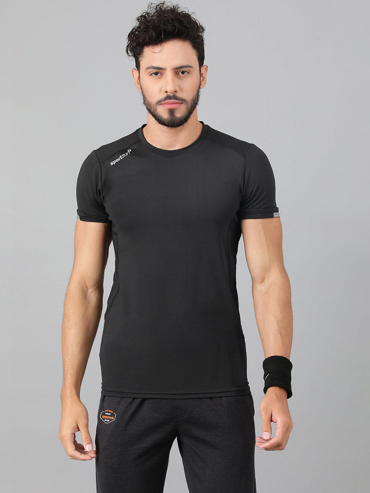 Sport Sun Round Neck Playcool Mesh Black T Shirt For Men