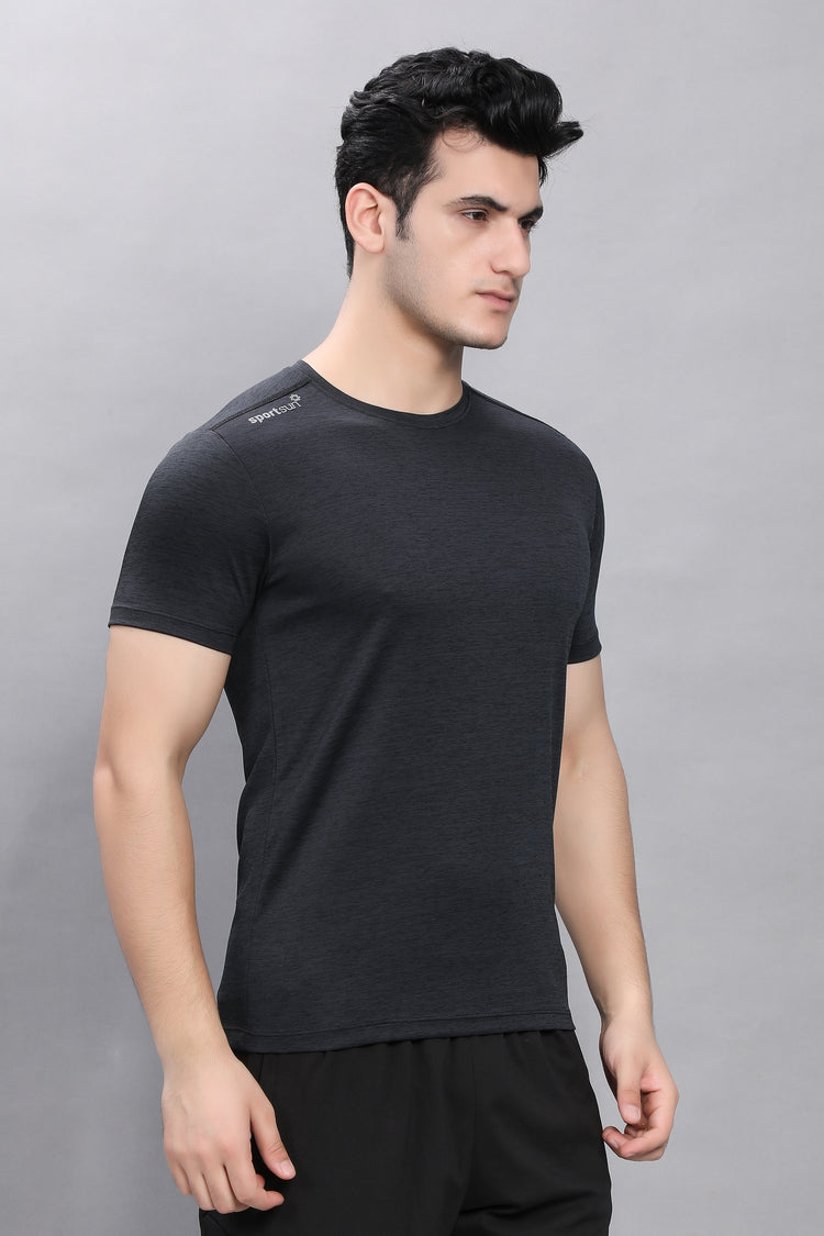 Sport Sun Men Self Design Black Milange Cool Run T Shirt