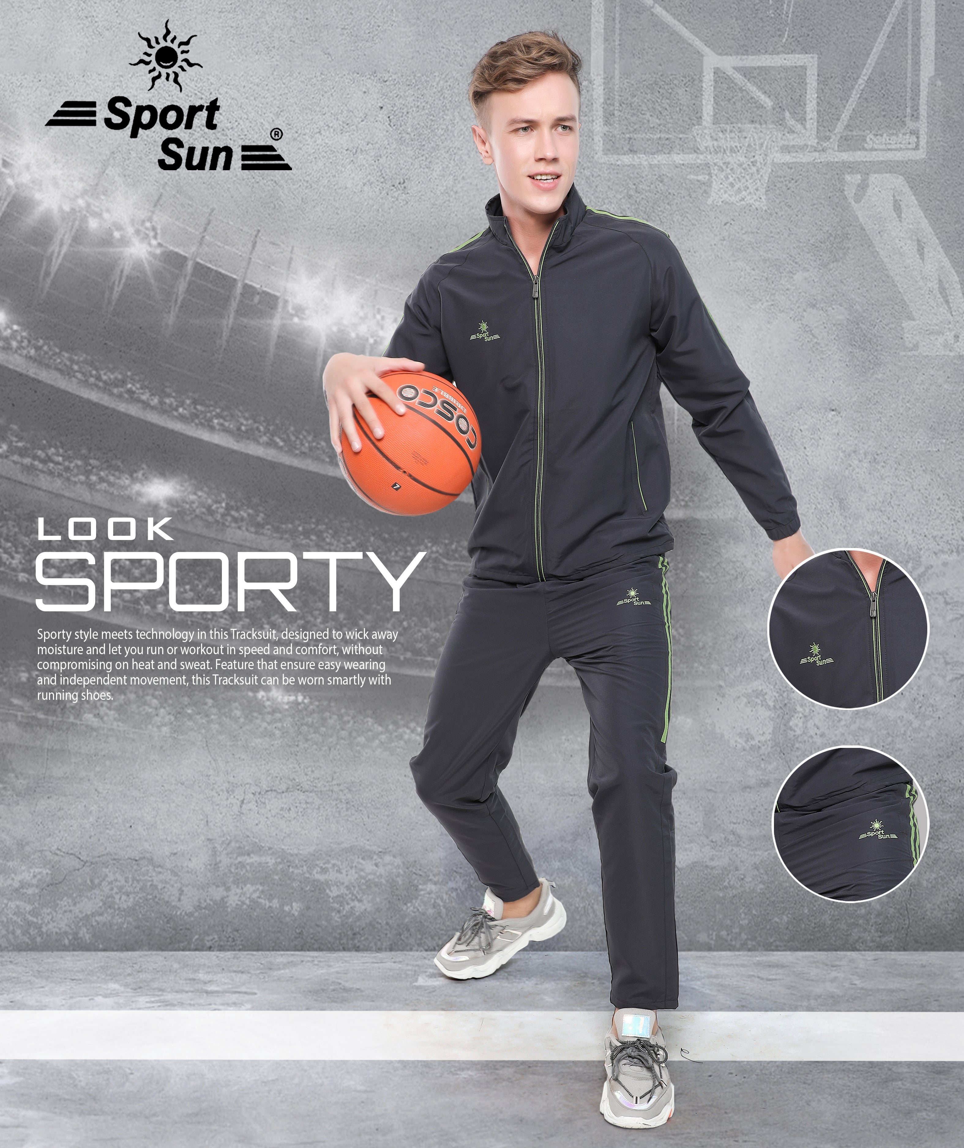 Sport Sun Micro Poly Printed Men Dark Grey Track Suit