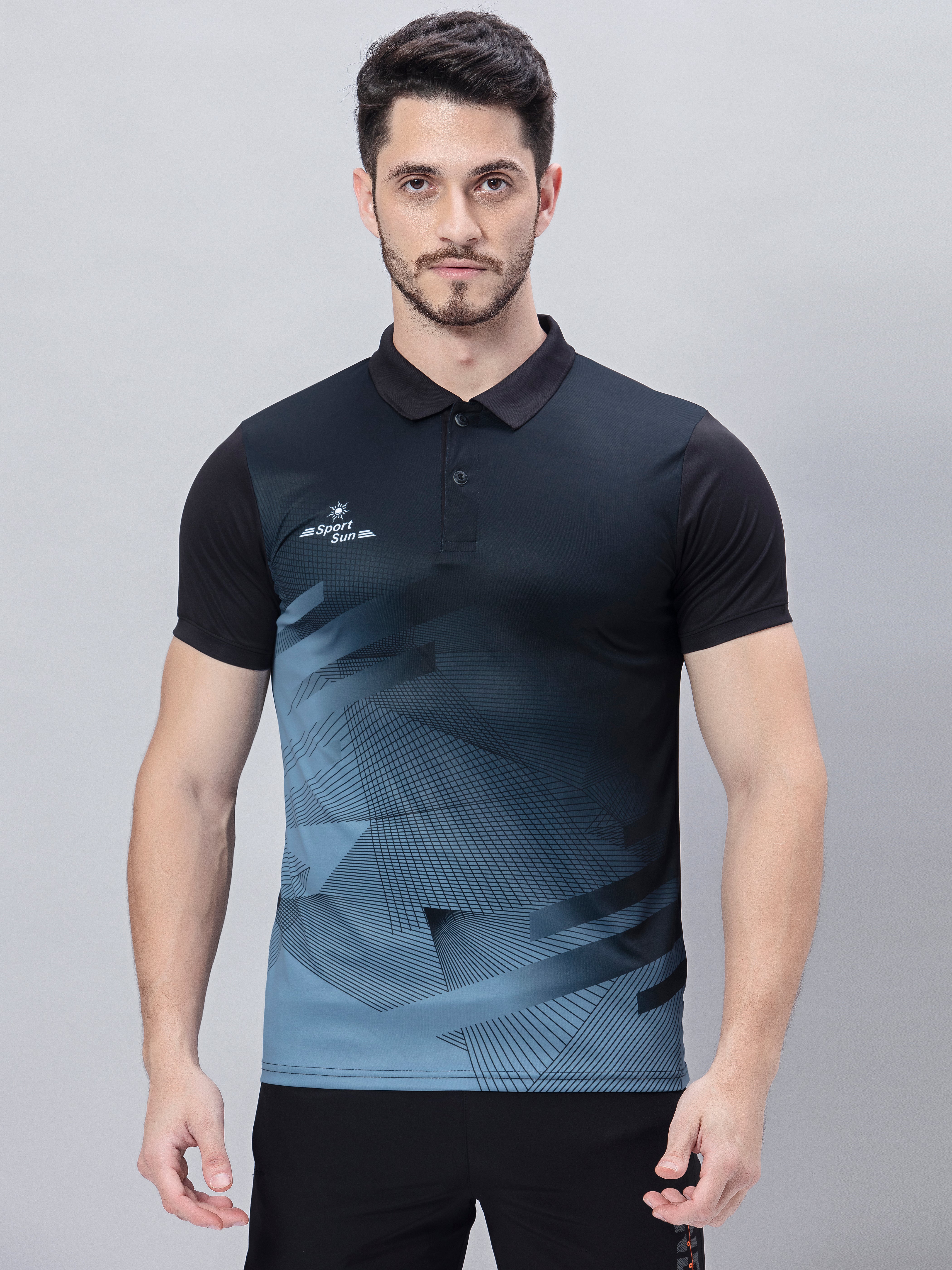 Sport Sun Printed Black Polo T Shirt