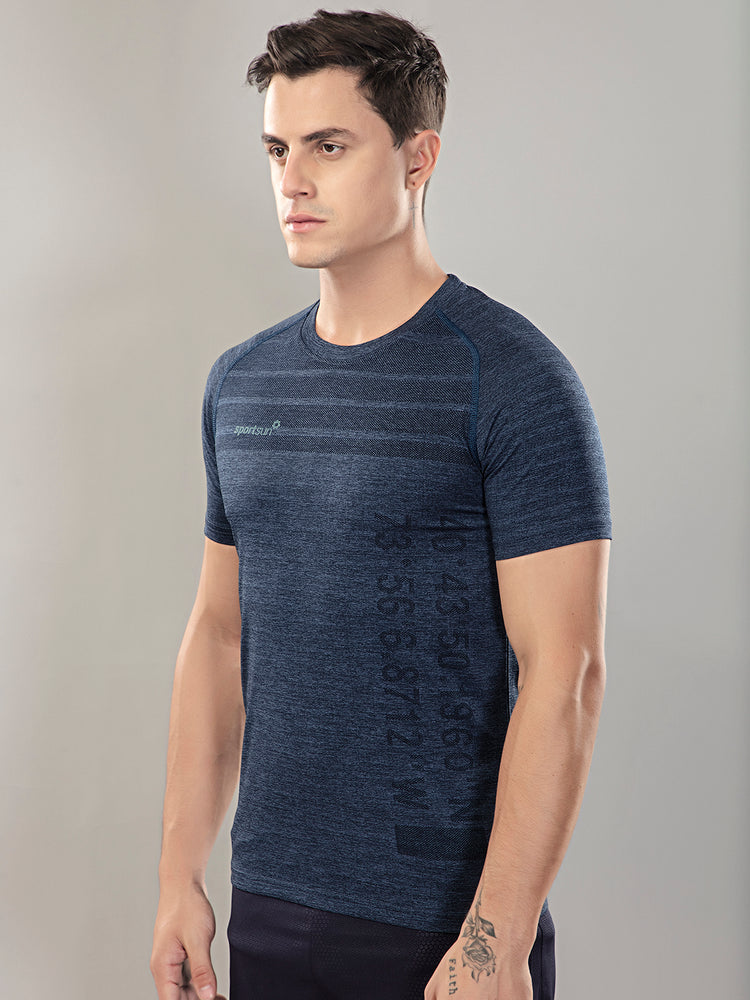 Sport Sun Seamless Round Neck Navy Blue T Shirt