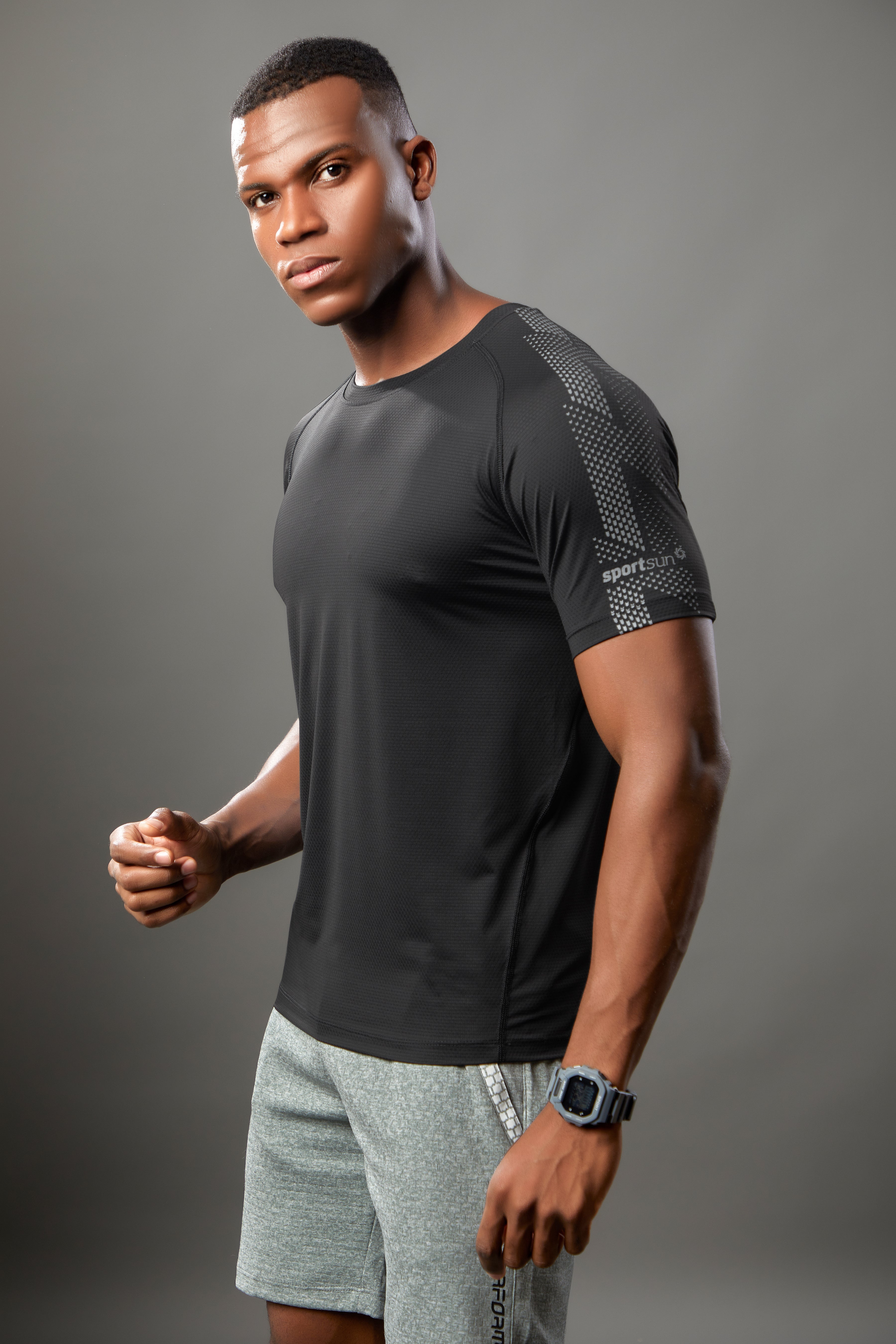 Sport Sun Round Neck Nylon Max Black T Shirt