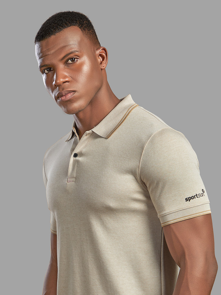 Sport Sun Beige Milange Cotton Matty Polo T Shirt