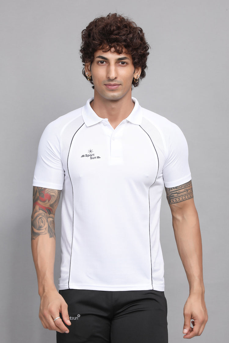 Sport Sun White Cricket Polo T Shirt For Men
