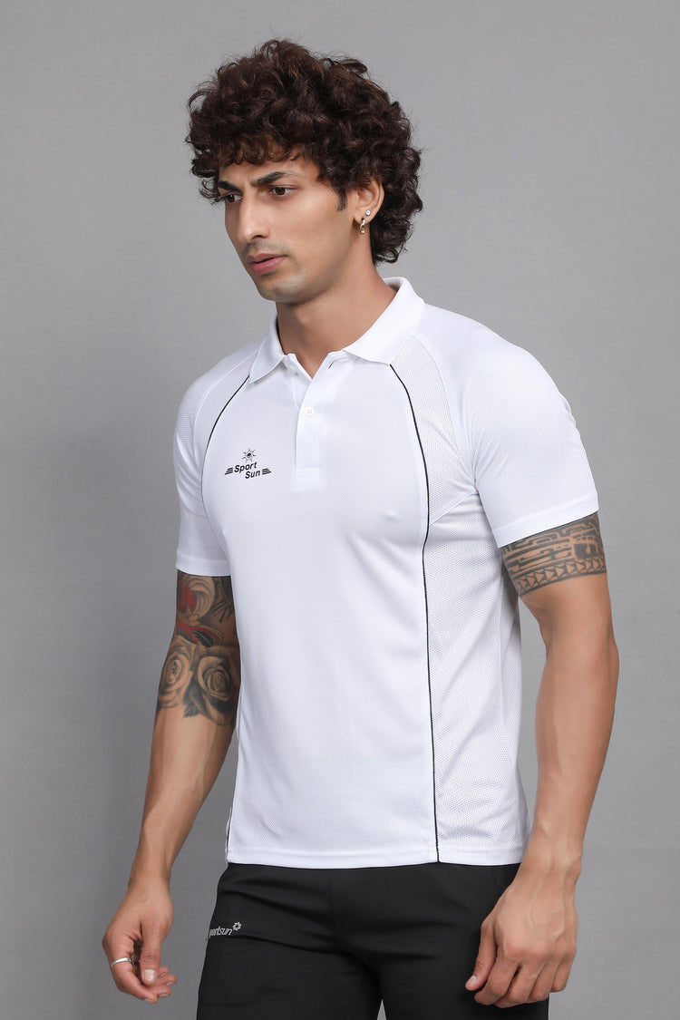 Sport Sun White Cricket Polo T Shirt For Men