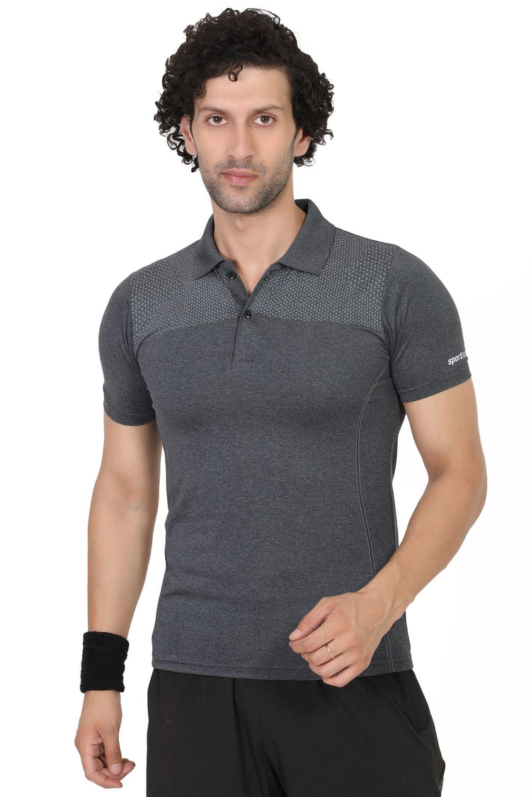 Sport Sun Milange Polo Printed Dark Grey T Shirt for Men