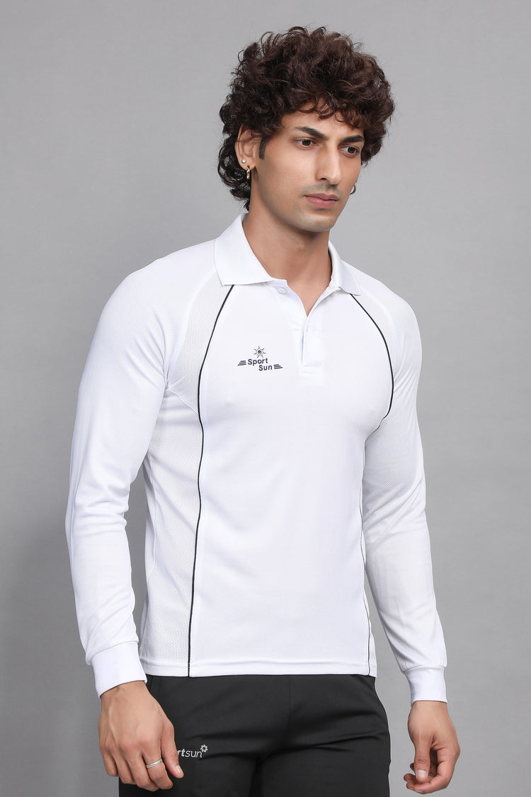 Sport Sun White Cricket Polo Full Sleeves T Shirt For Men