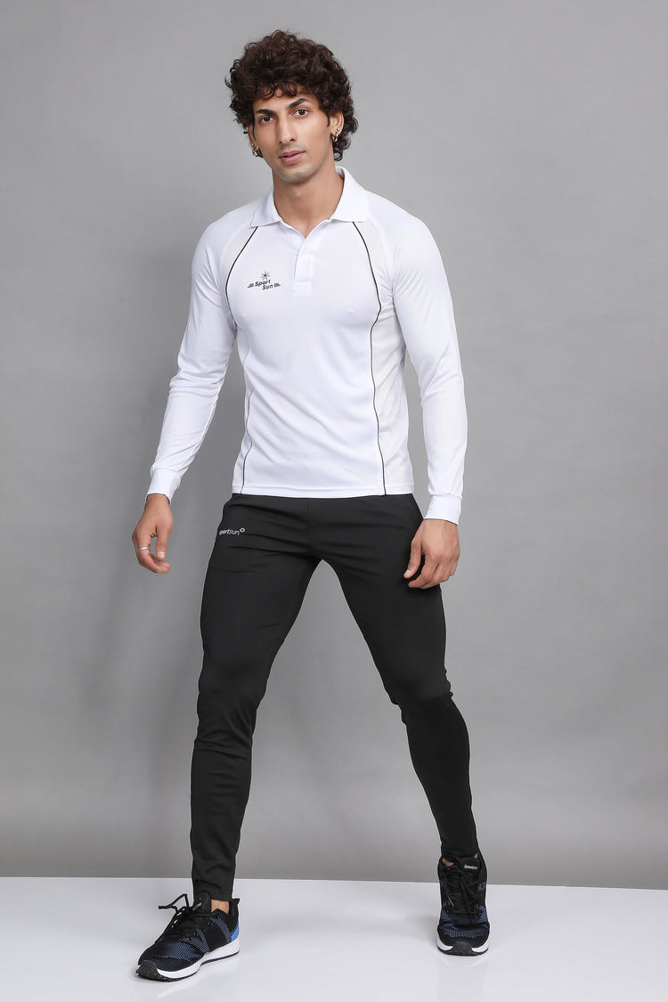 Sport Sun White Cricket Polo Full Sleeves T Shirt For Men