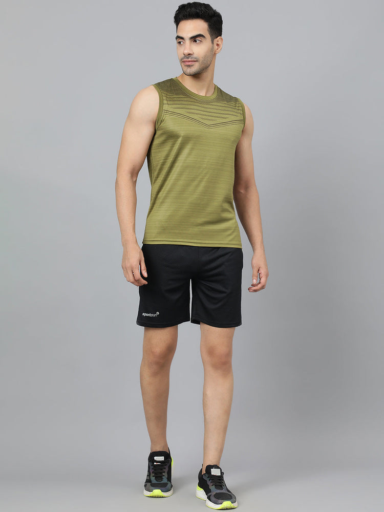 Sport Sun Printed Men Cut Sleeves Olive T-shirt